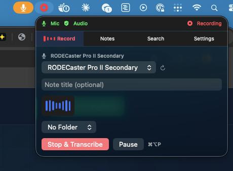 MeetingVault recording in progress - menu bar popover showing mic and system audio capture